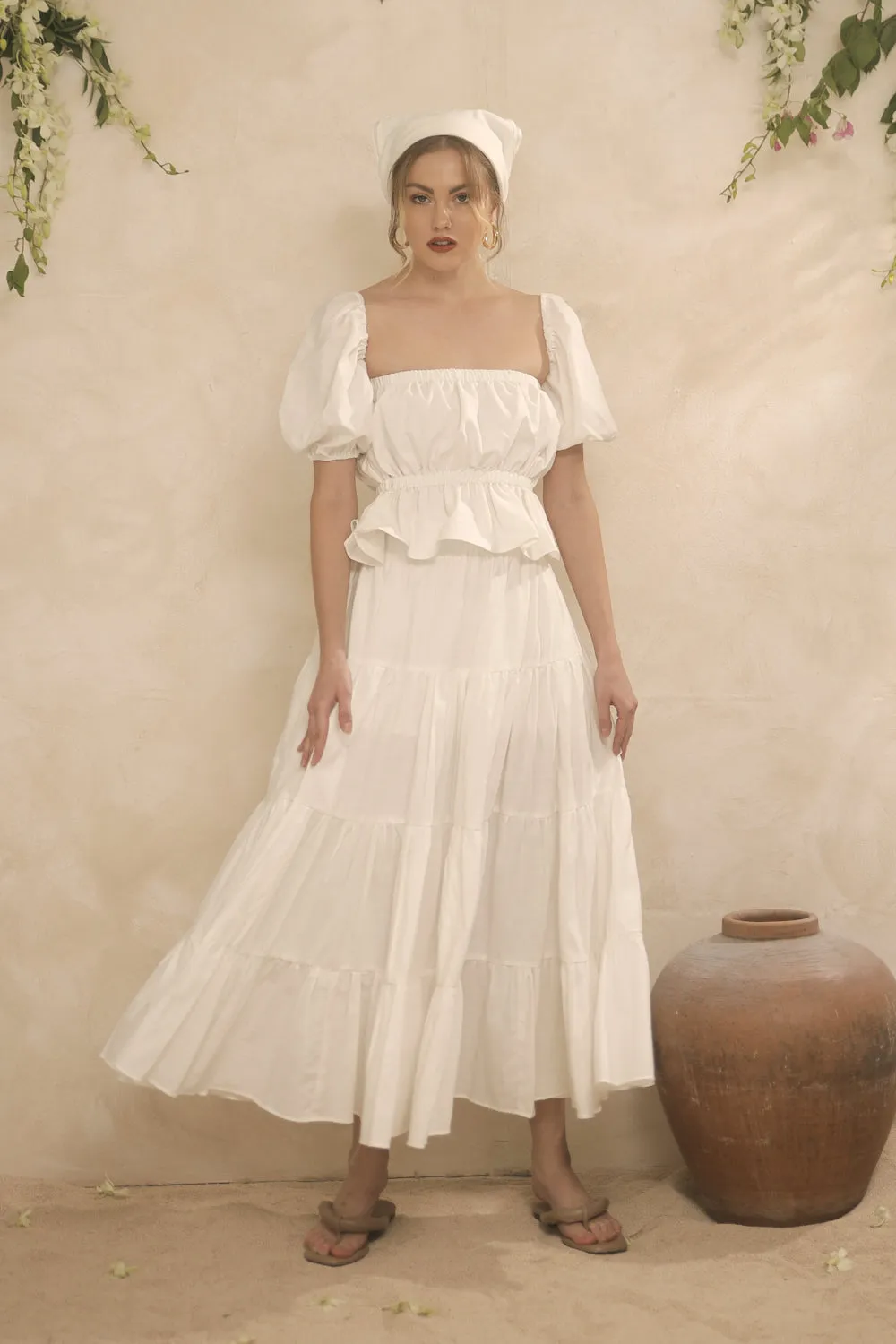ALBA SET Balloon Sleeve Gartered Top with Four-Layer Midi Skirt (White Linen)