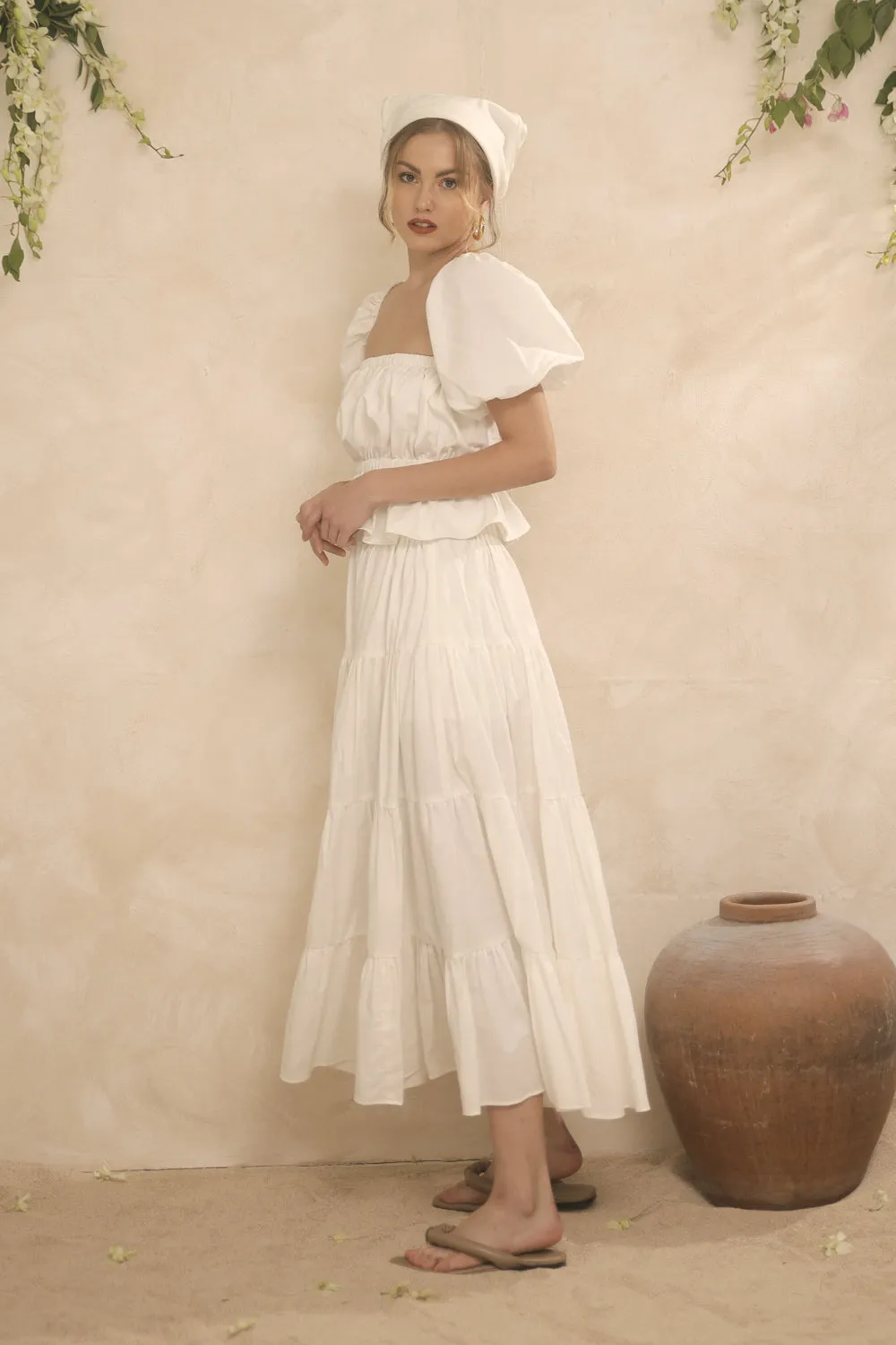 ALBA SET Balloon Sleeve Gartered Top with Four-Layer Midi Skirt (White Linen)