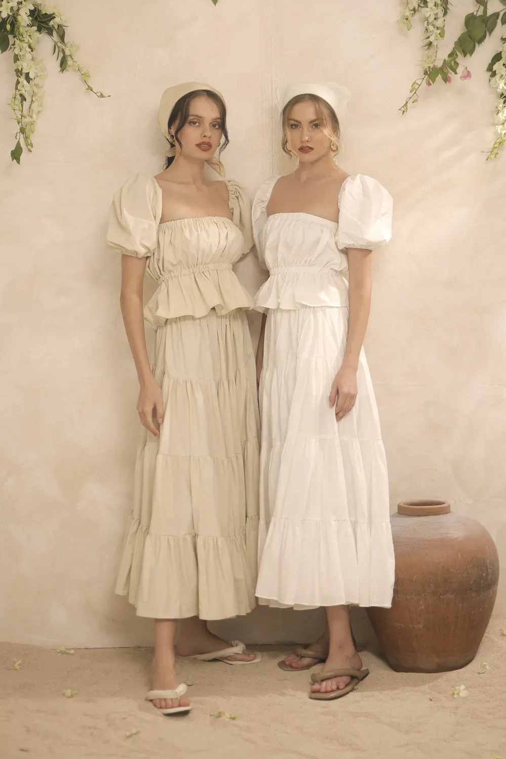 ALBA SET Balloon Sleeve Gartered Top with Four-Layer Midi Skirt (White Linen)