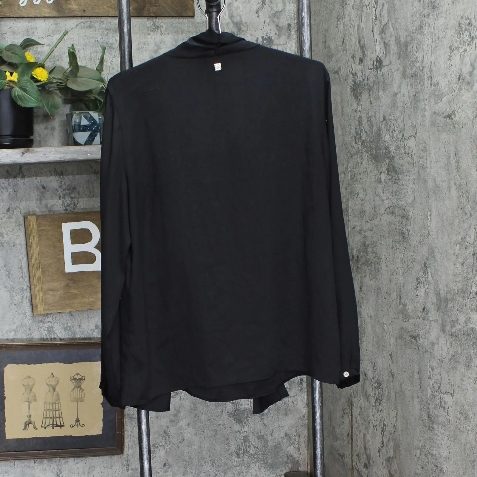 Anne Klein Womens V-Neck Large Neck Tie Woven Blouse Shirt Top Black 14