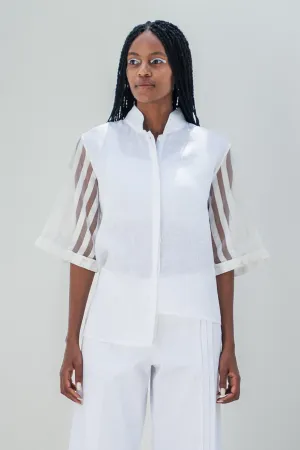 Asymmetrical mandarin shirt w/ organza short sleeves