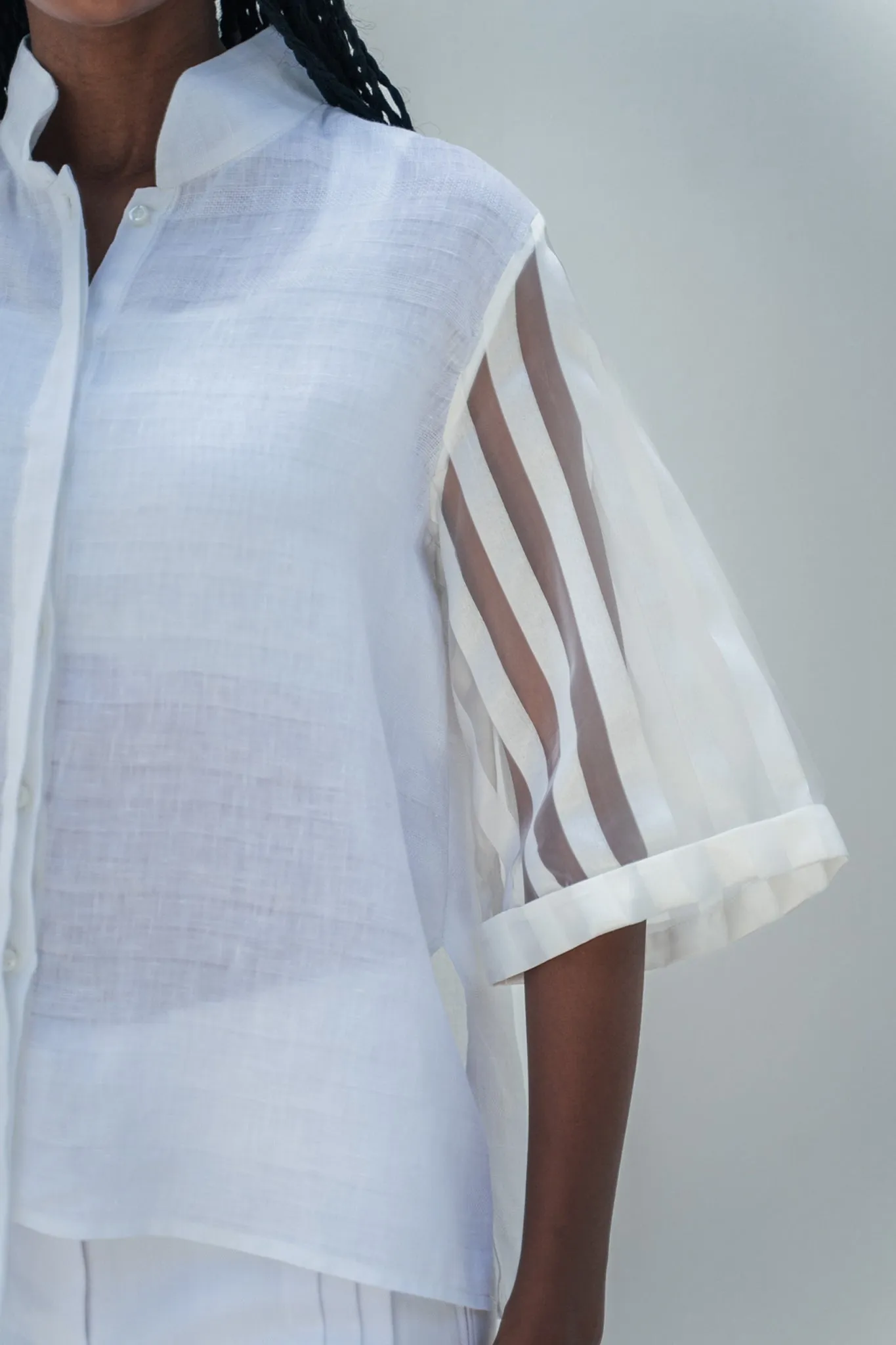 Asymmetrical mandarin shirt w/ organza short sleeves