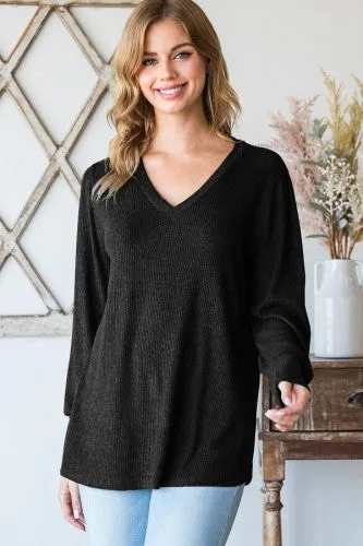 Black Puff Sleeve Ribbed V Neck LS