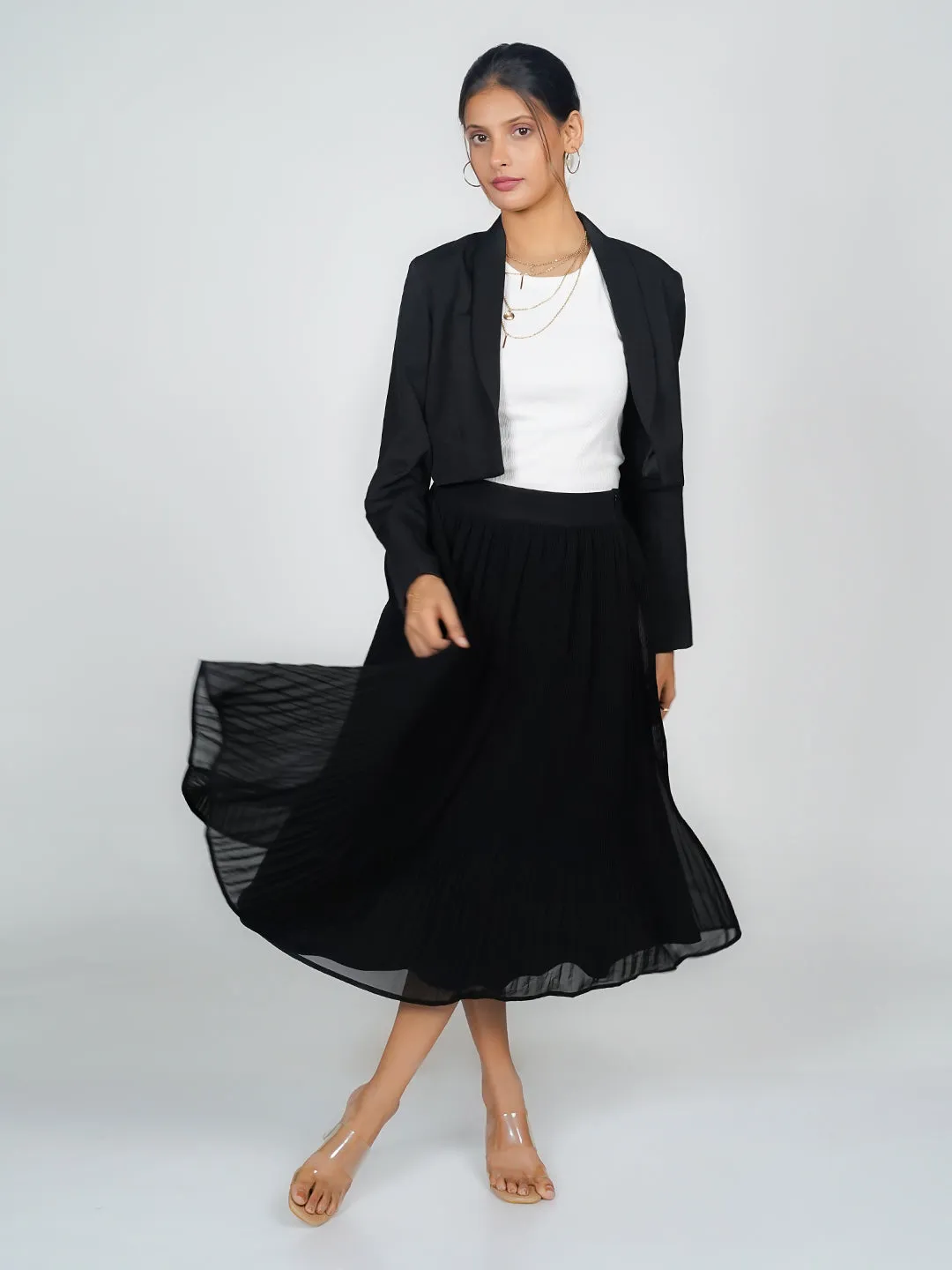 Black Solid Flared Midi Skirt