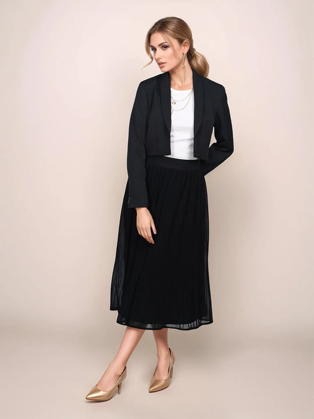 Black Solid Flared Midi Skirt