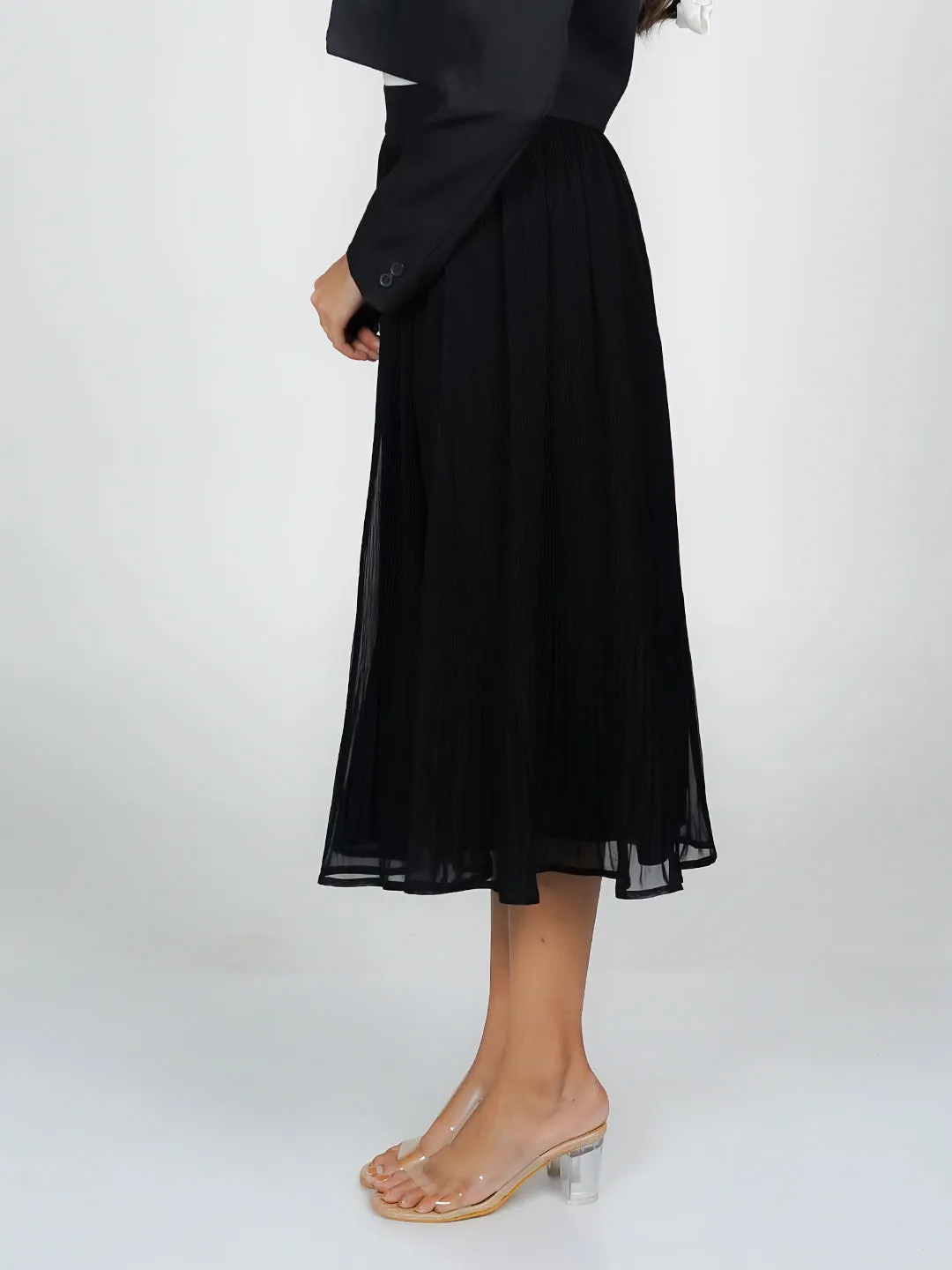 Black Solid Flared Midi Skirt