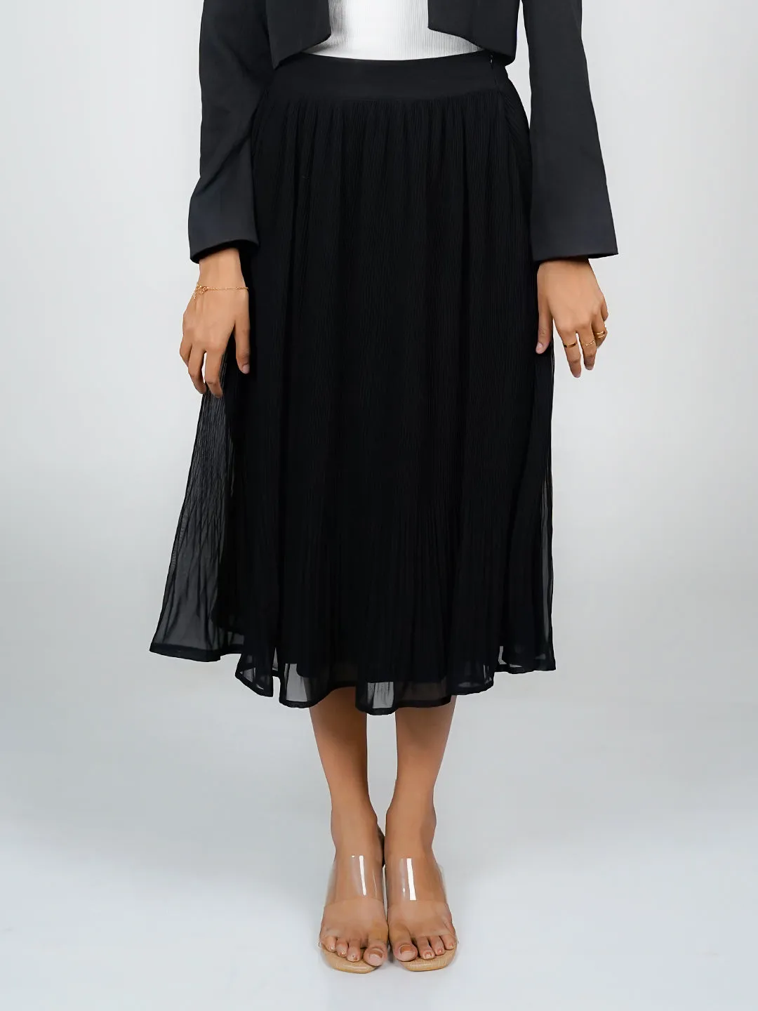 Black Solid Flared Midi Skirt