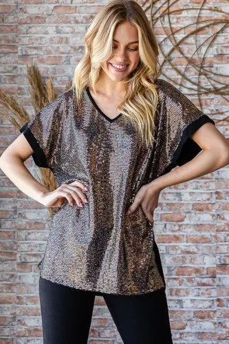 Black Solid   Sequin V Neck Top