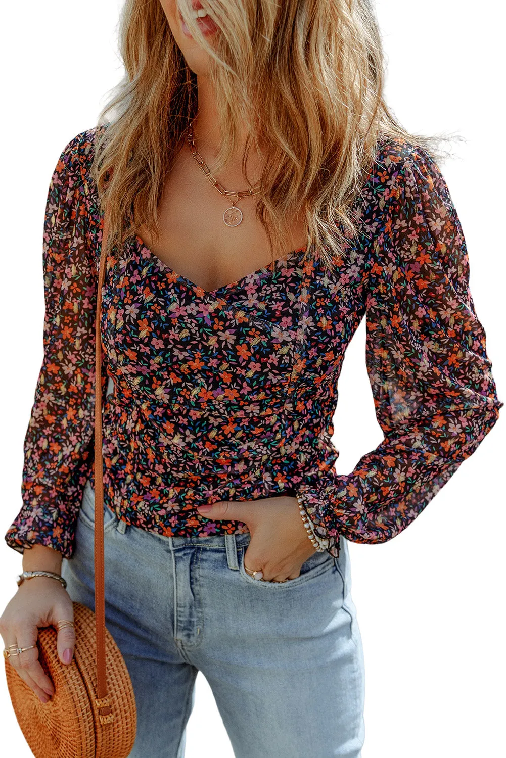 Black V Neck Bubble Sleeve Floral Top