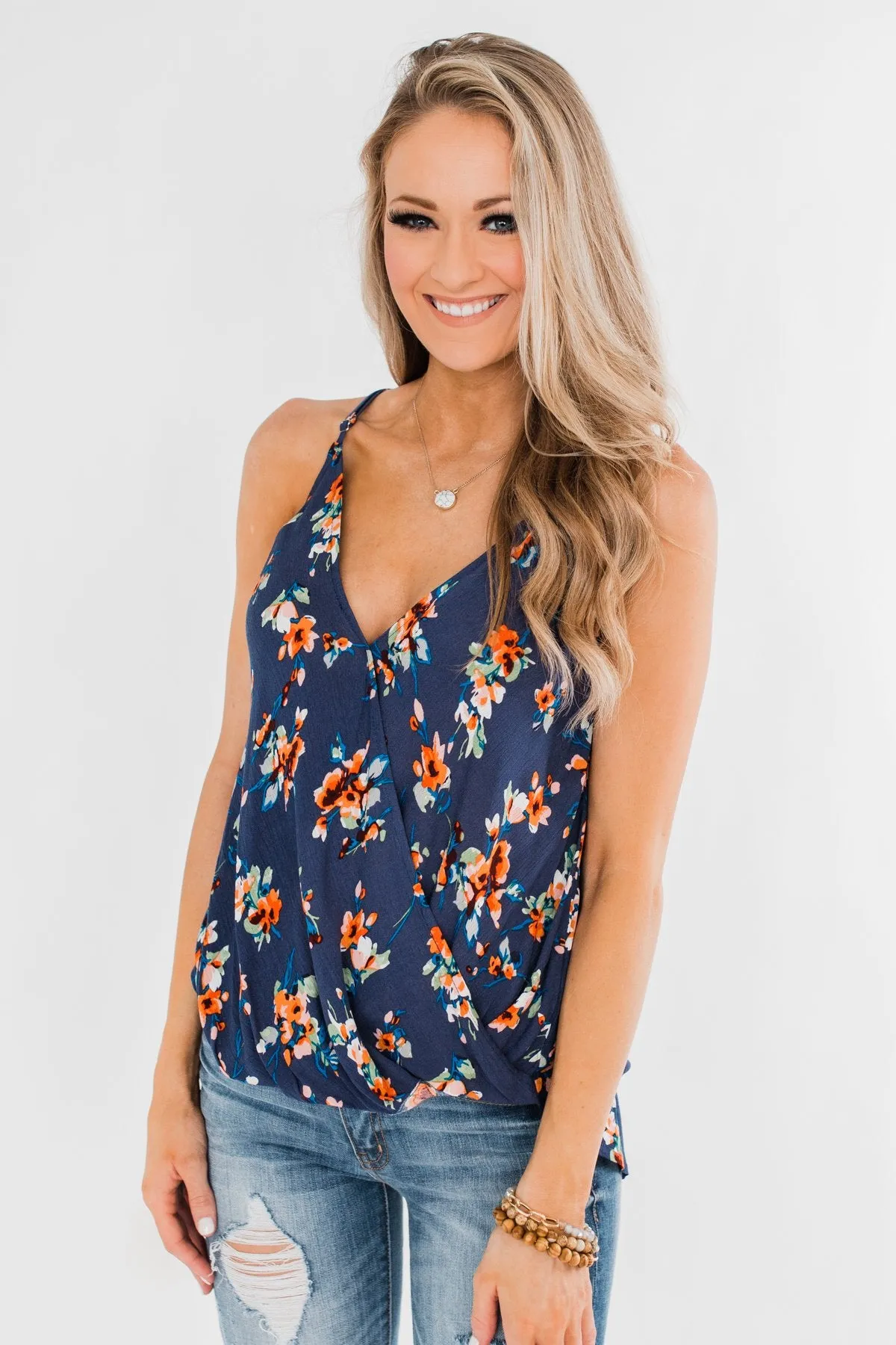 Blooming Endeavors Floral Tank top- Dark Blue