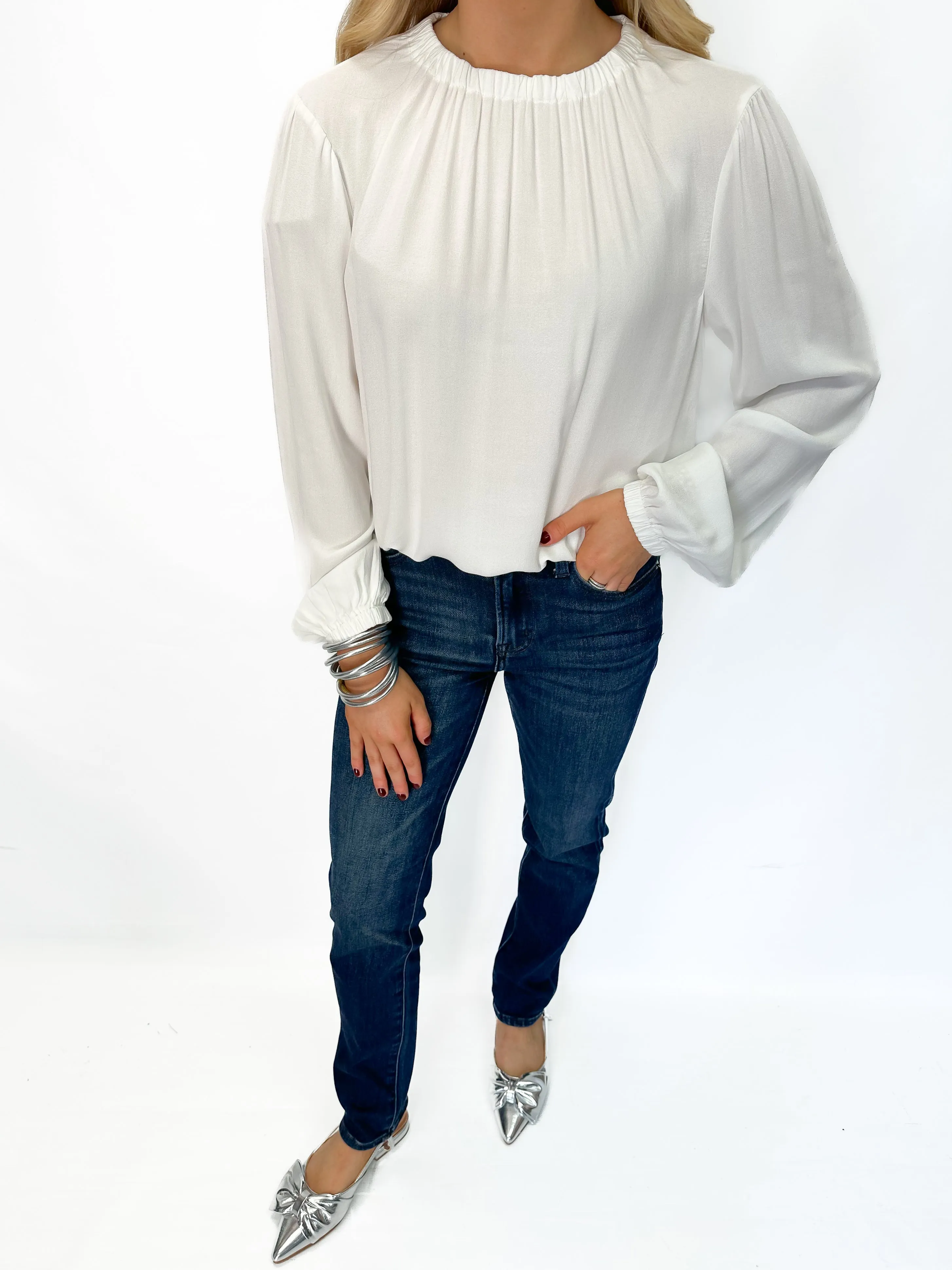 Bobi Shirred Neck L/S Top - Ivory