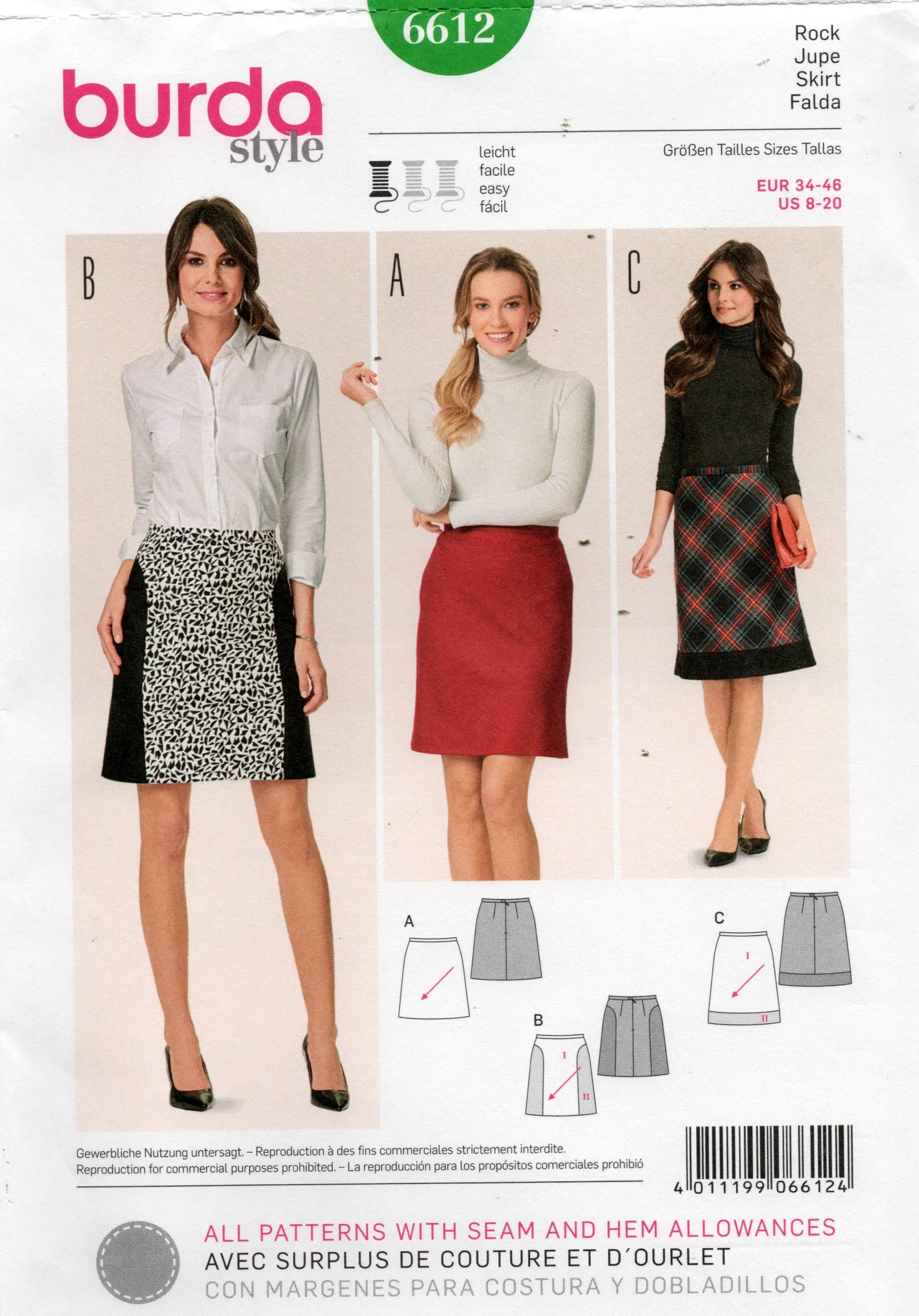 Burda Style 6612 Womens Bias Cut Skirts with Contrast Out Of Print Sewing Pattern Sizes 8 - 20 UNCUT Factory Folded