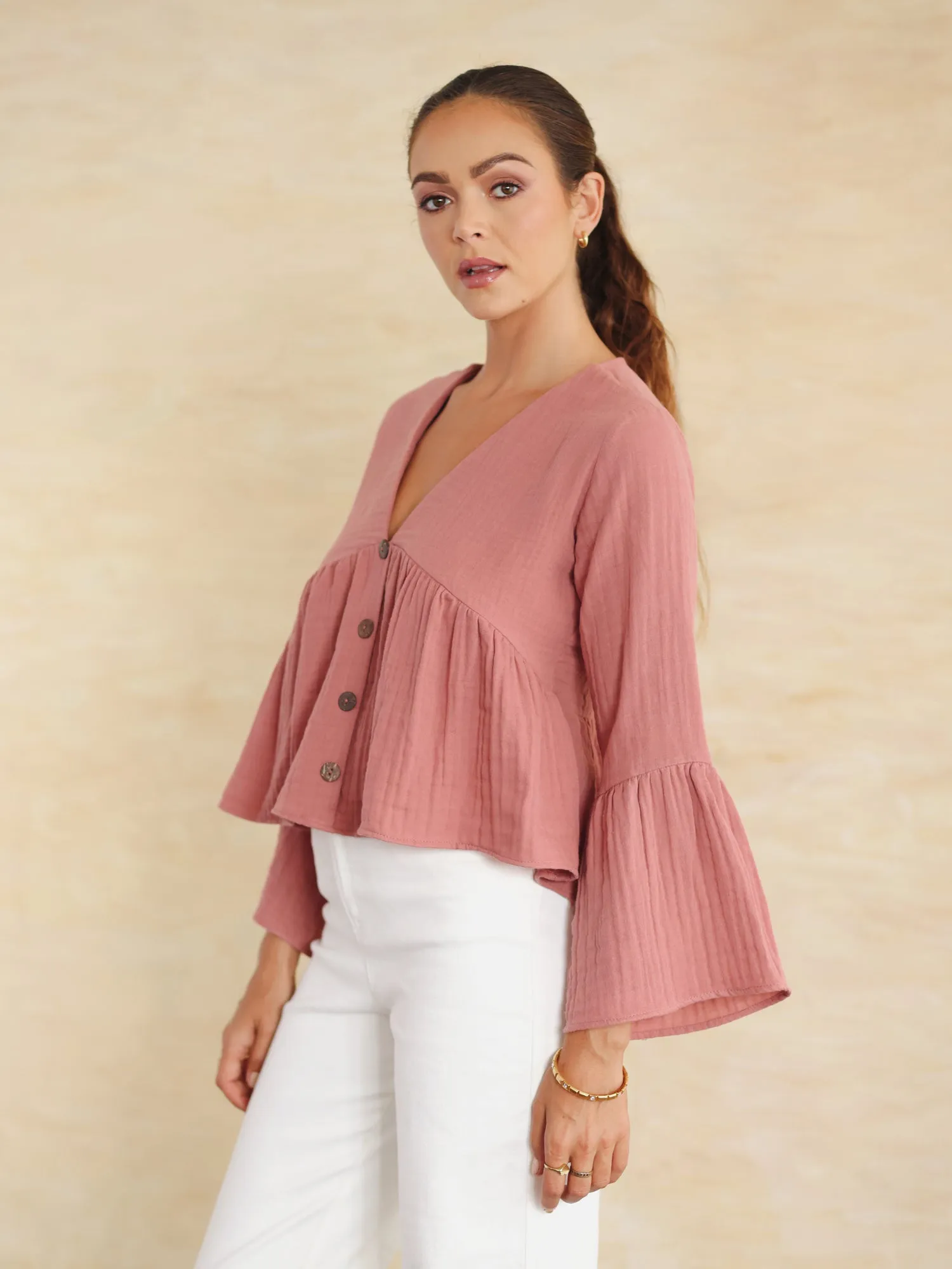 Button Down V Neck Top