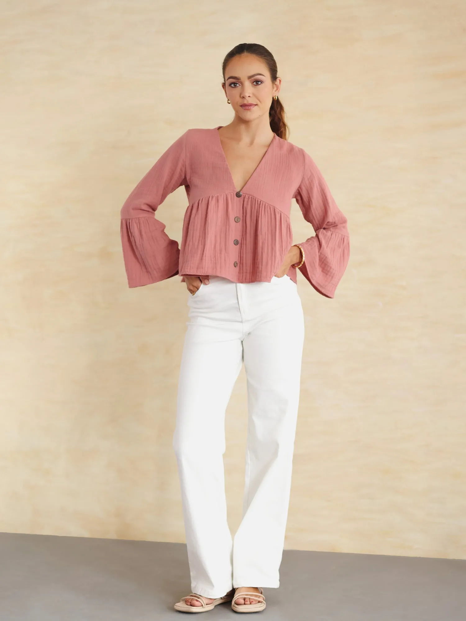 Button Down V Neck Top