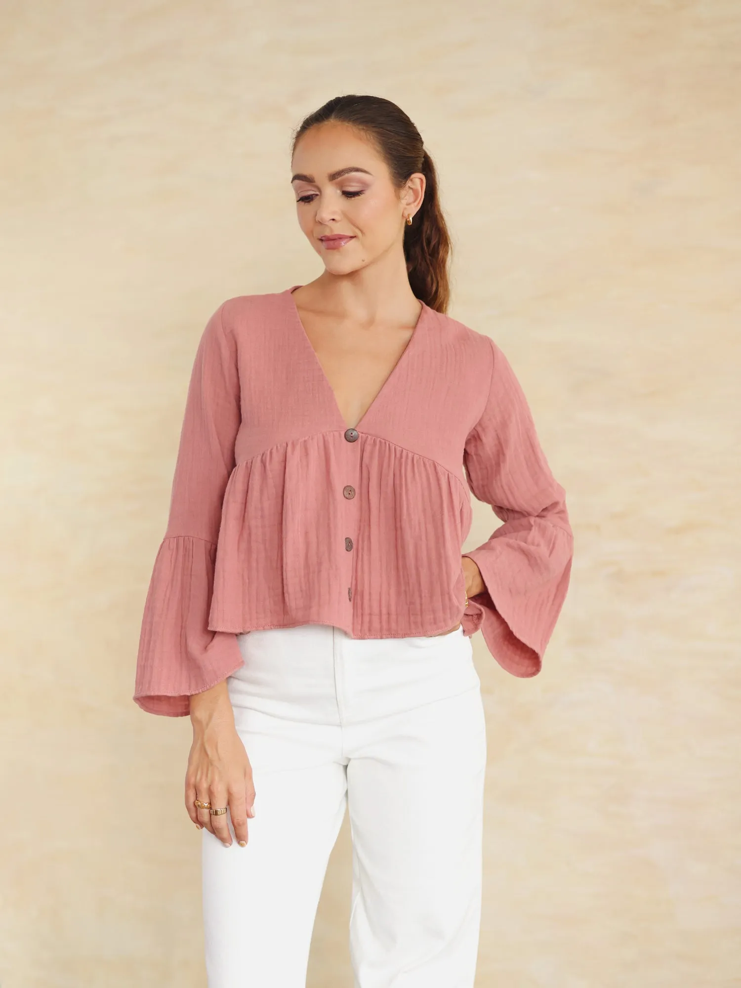 Button Down V Neck Top