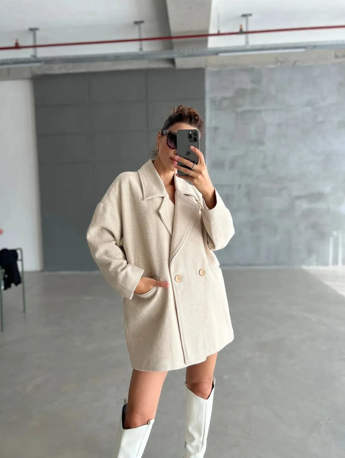 Cashmere Style Button Up Jacket – Classic Long Sleeve Coat with Double Pockets