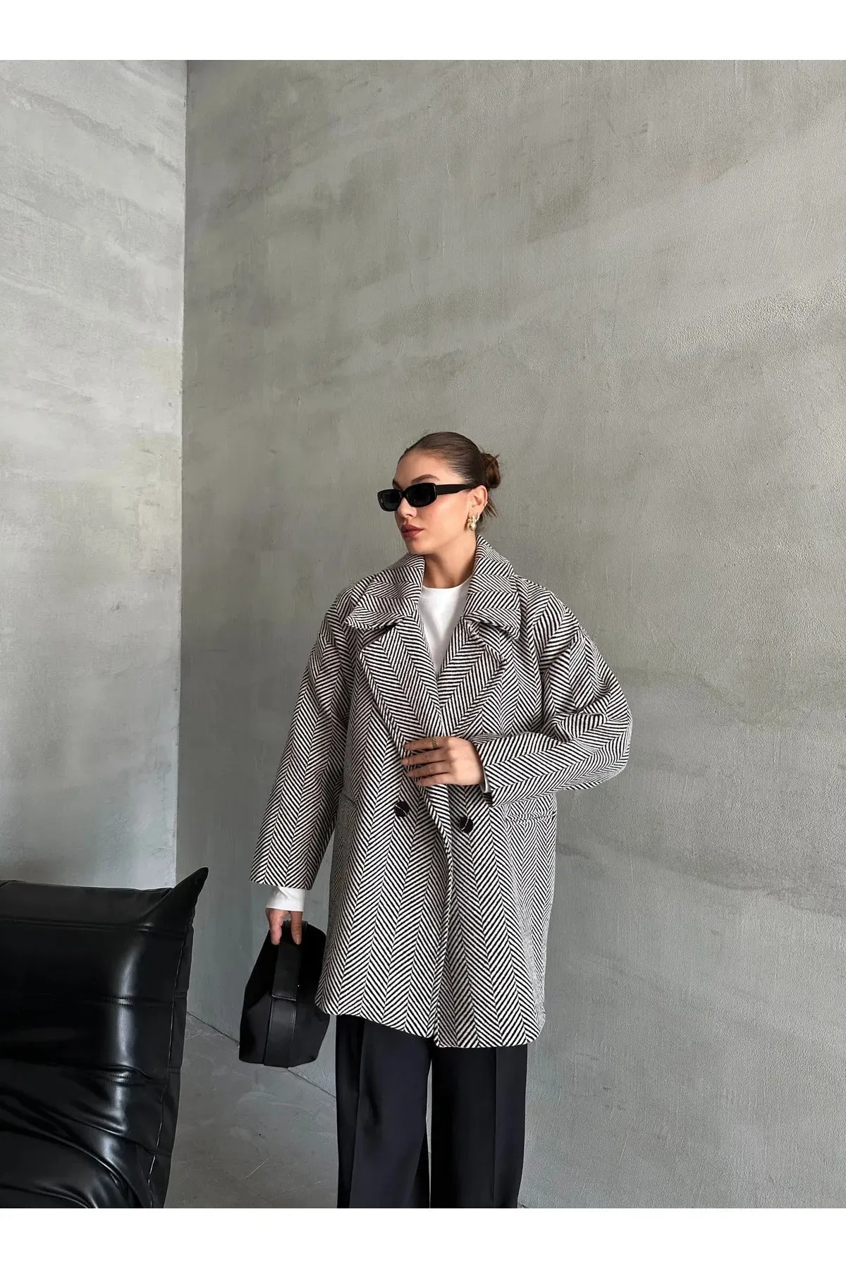 Cashmere Style Button Up Jacket – Classic Long Sleeve Coat with Double Pockets