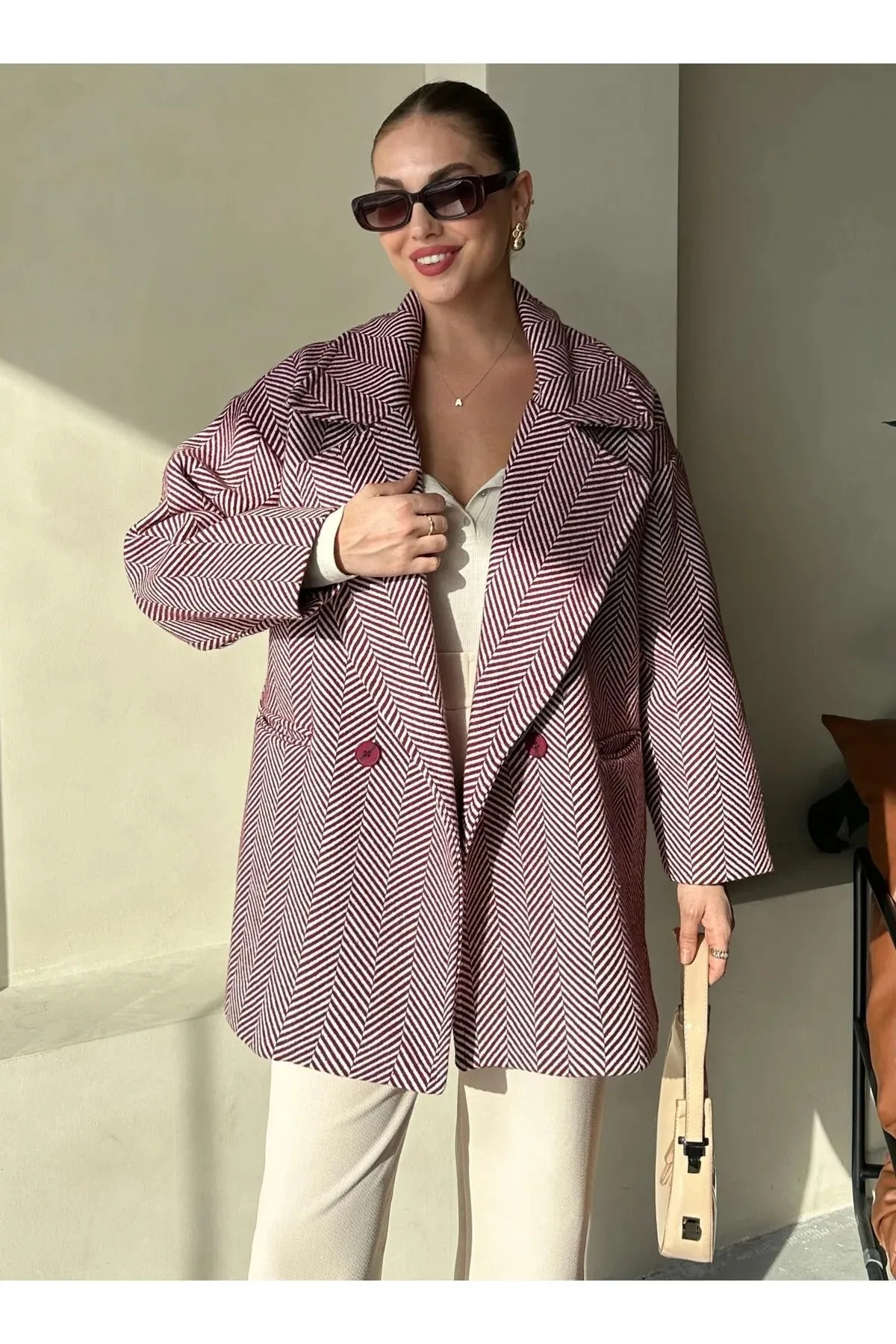 Cashmere Style Button Up Jacket – Classic Long Sleeve Coat with Double Pockets