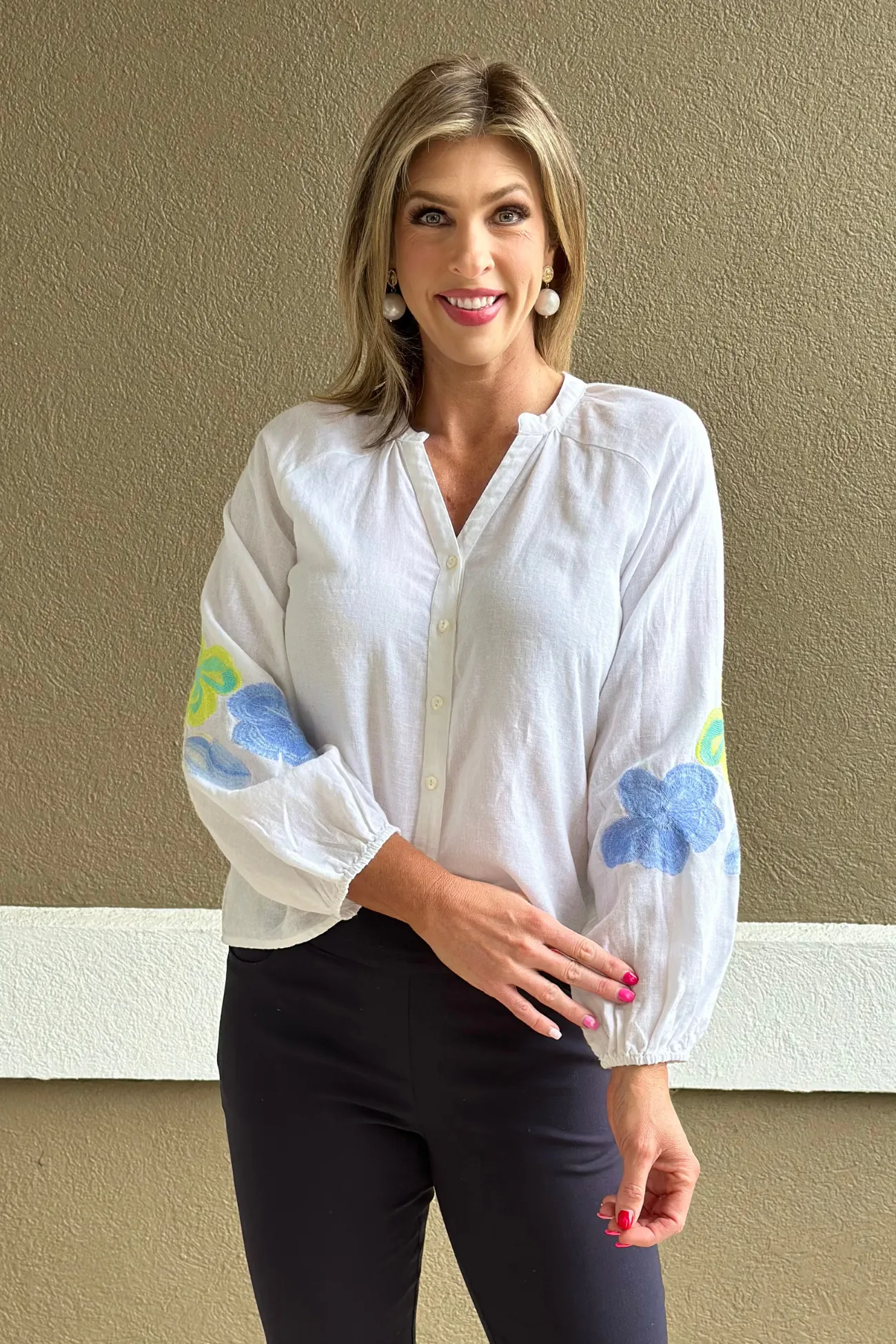Charlie B Anise Embroidered Linen Blend Blouse