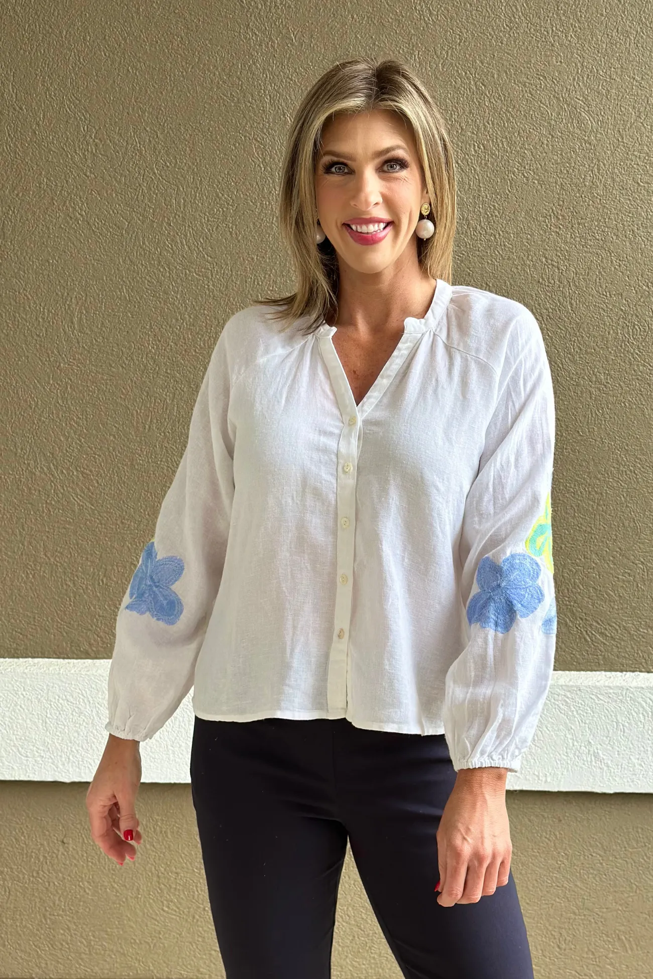Charlie B Anise Embroidered Linen Blend Blouse