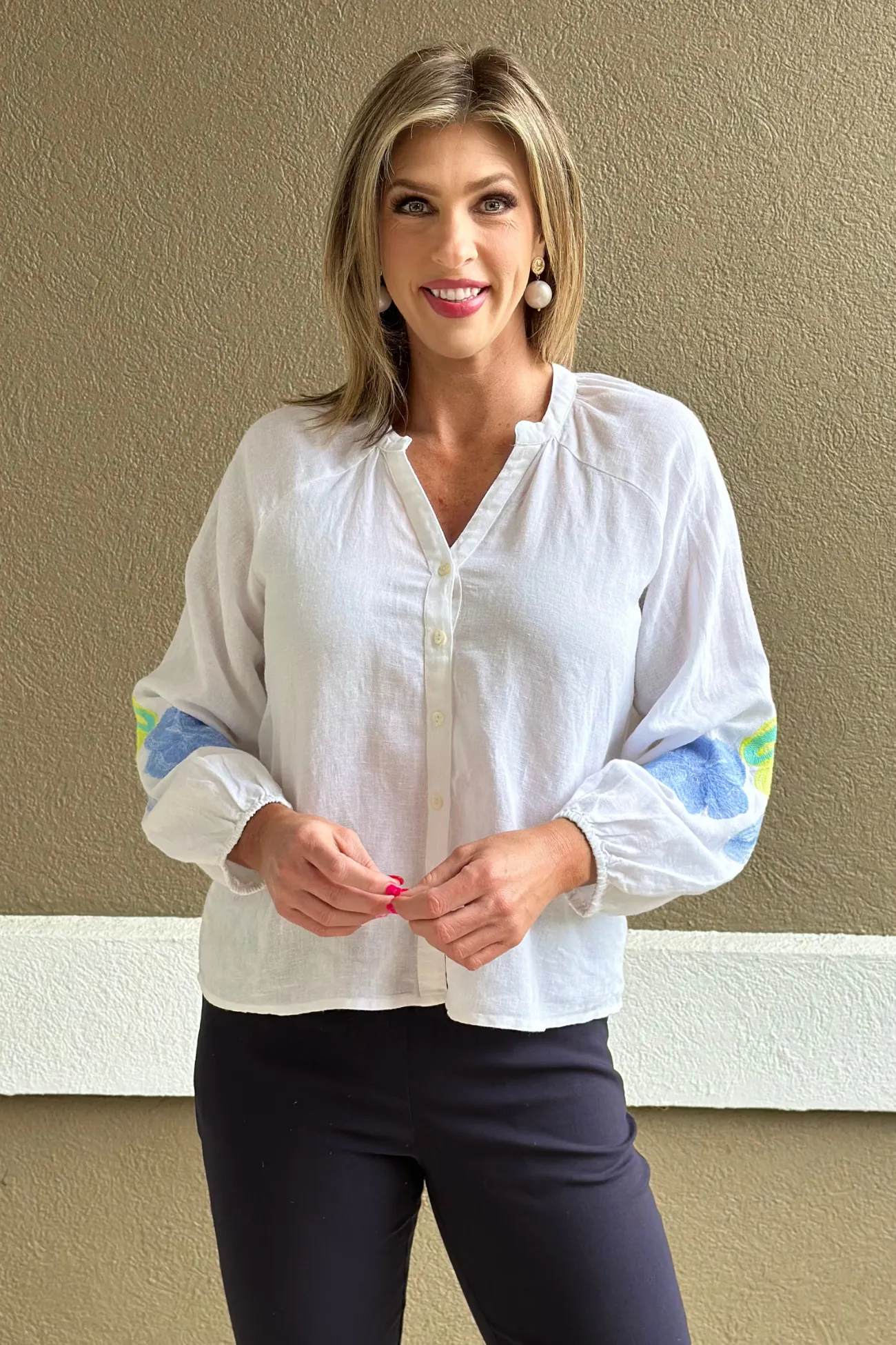 Charlie B Anise Embroidered Linen Blend Blouse