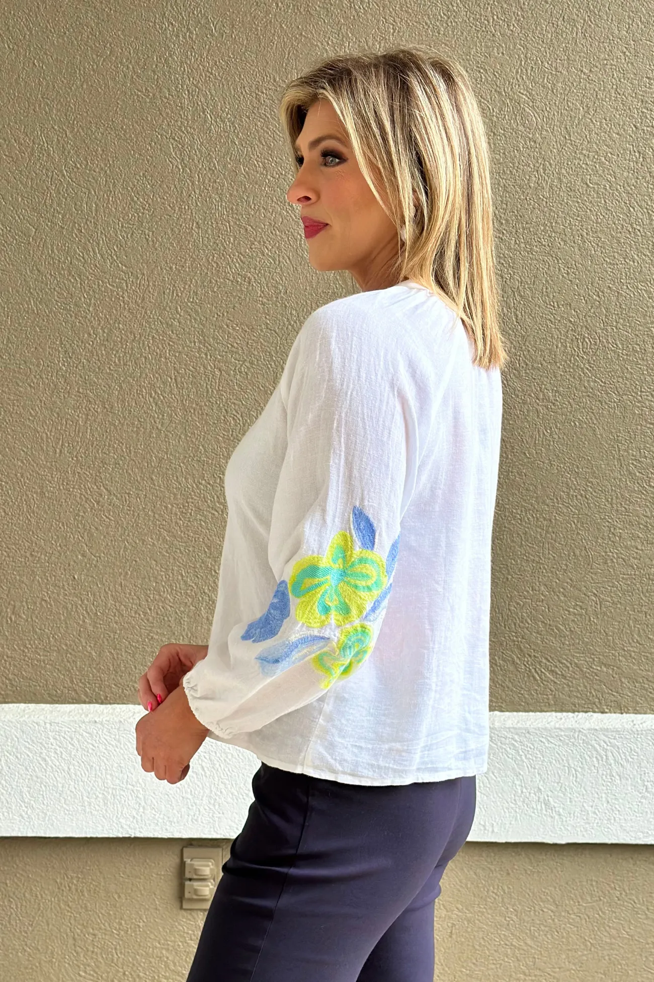 Charlie B Anise Embroidered Linen Blend Blouse