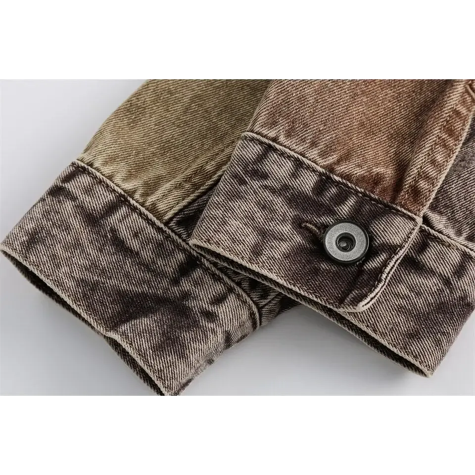 Chic Coffee Denim Jacket with Timeless Camouflage Stitching