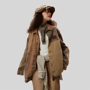 Chic Coffee Denim Jacket with Timeless Camouflage Stitching