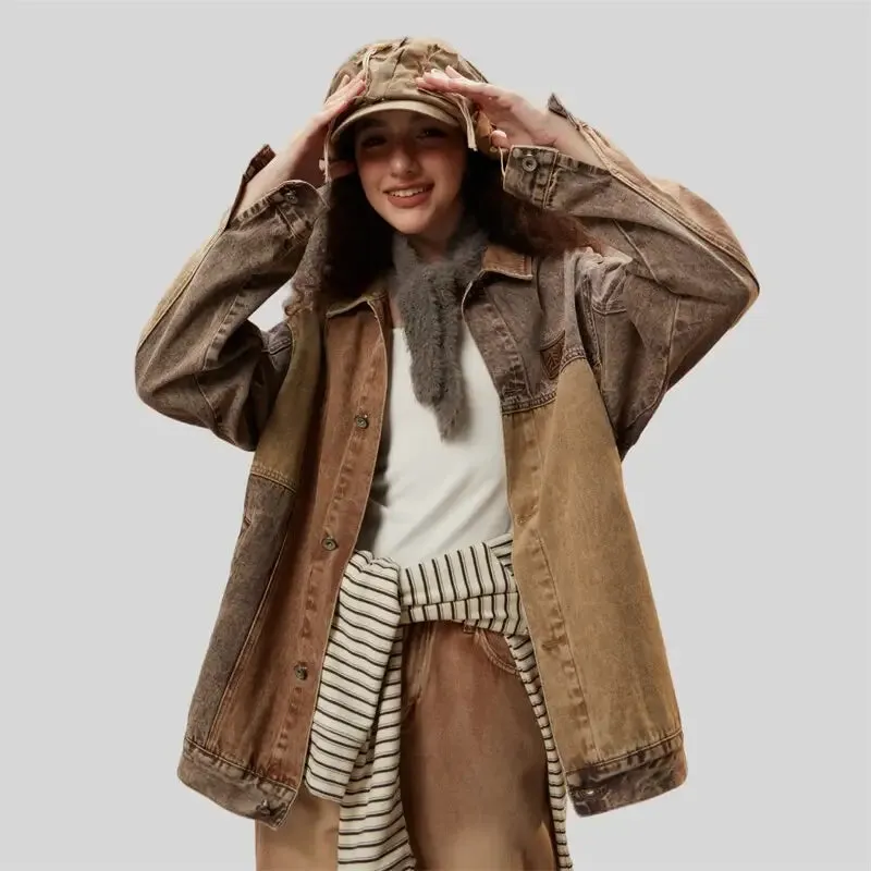 Chic Coffee Denim Jacket with Timeless Camouflage Stitching