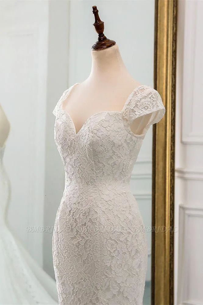 Classic Cap Sleeve Aweetheart Floral Lace Slim Mermaid Wedding Dress Lace up Wedding Party