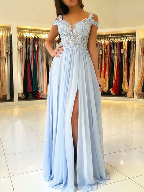 Classic Chiffon Evening Dress A Line V Neck Floor Length Split Front Party Dresses Evening Dresses