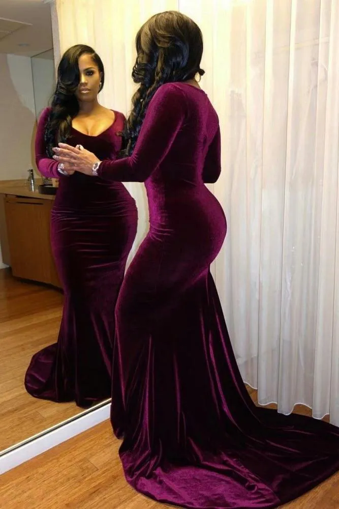 Classic Long Sleevess Velvet Mermaid Long Evening Dresses
