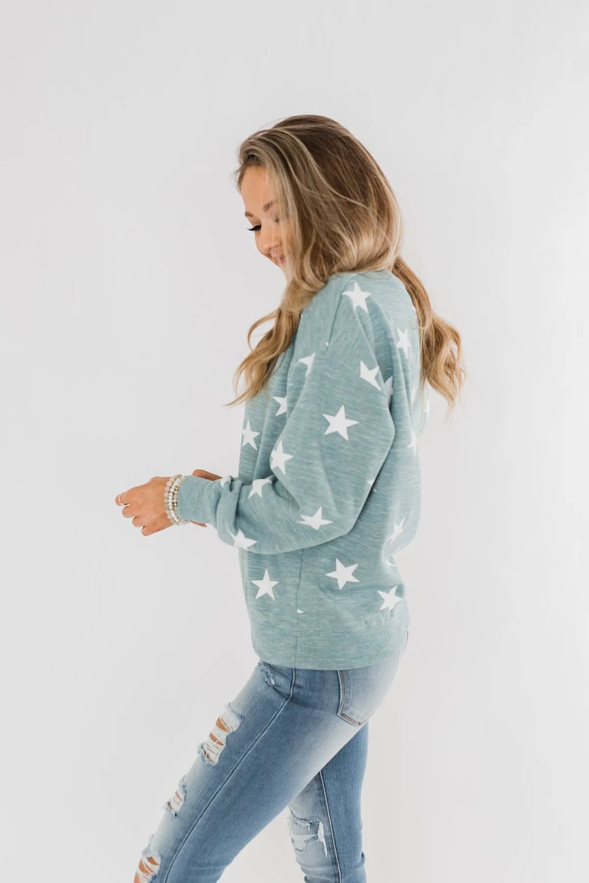 Counting The Stars Crew Neck Pullover- Dusty Teal