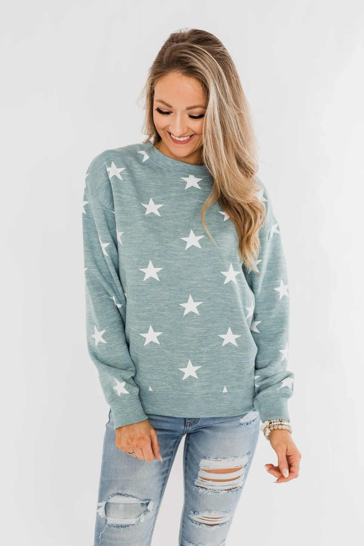 Counting The Stars Crew Neck Pullover- Dusty Teal