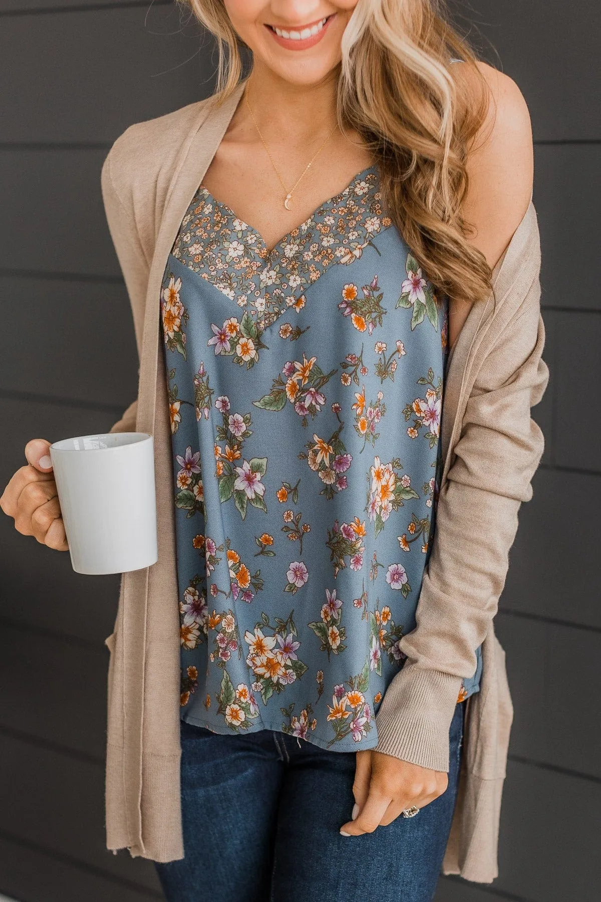 Cross Paths Floral V-Neck Tank Top- Dusty Blue