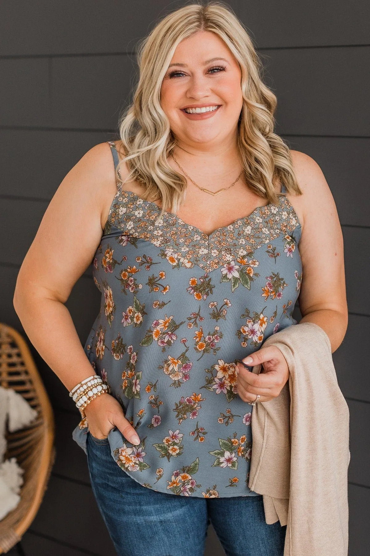 Cross Paths Floral V-Neck Tank Top- Dusty Blue