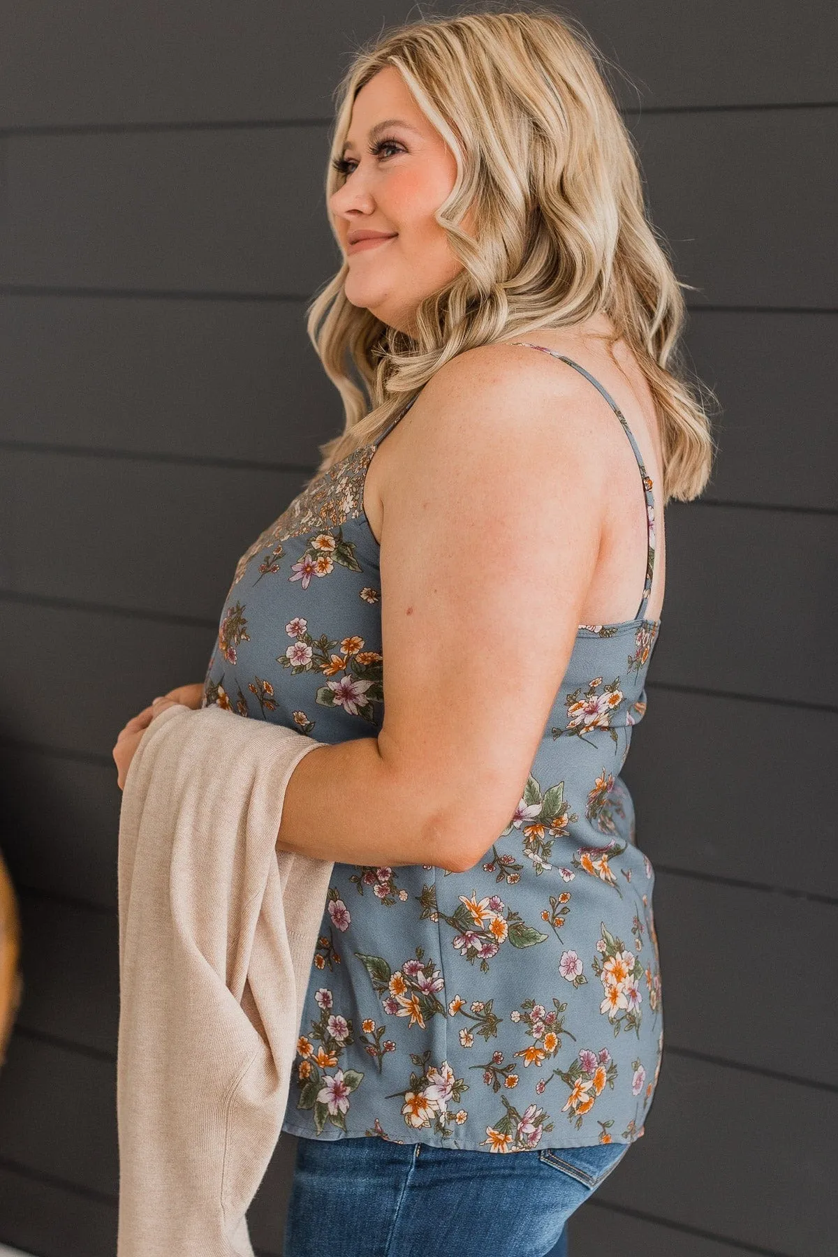 Cross Paths Floral V-Neck Tank Top- Dusty Blue