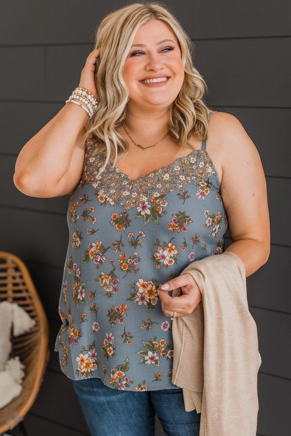 Cross Paths Floral V-Neck Tank Top- Dusty Blue