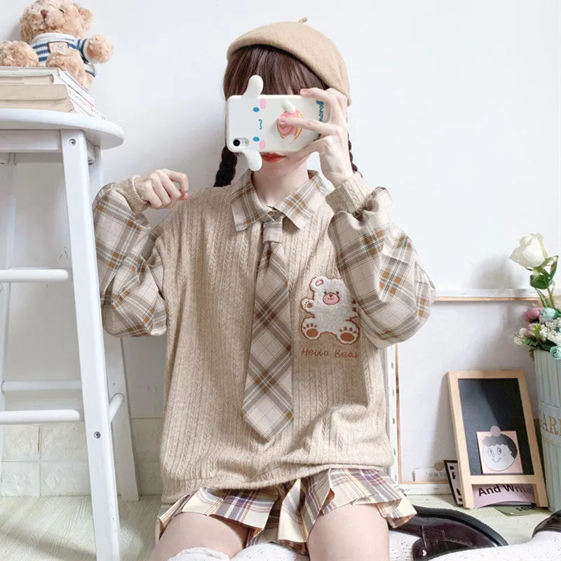 CUTE BEAR SWEATER SHIRT STITCHING FAKE TWO PIECES UB3402