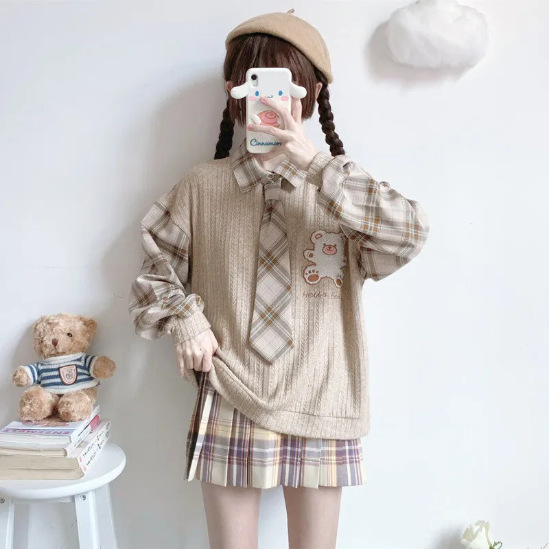 CUTE BEAR SWEATER SHIRT STITCHING FAKE TWO PIECES UB3402
