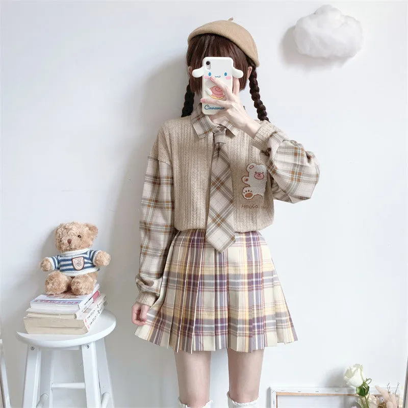 CUTE BEAR SWEATER SHIRT STITCHING FAKE TWO PIECES UB3402