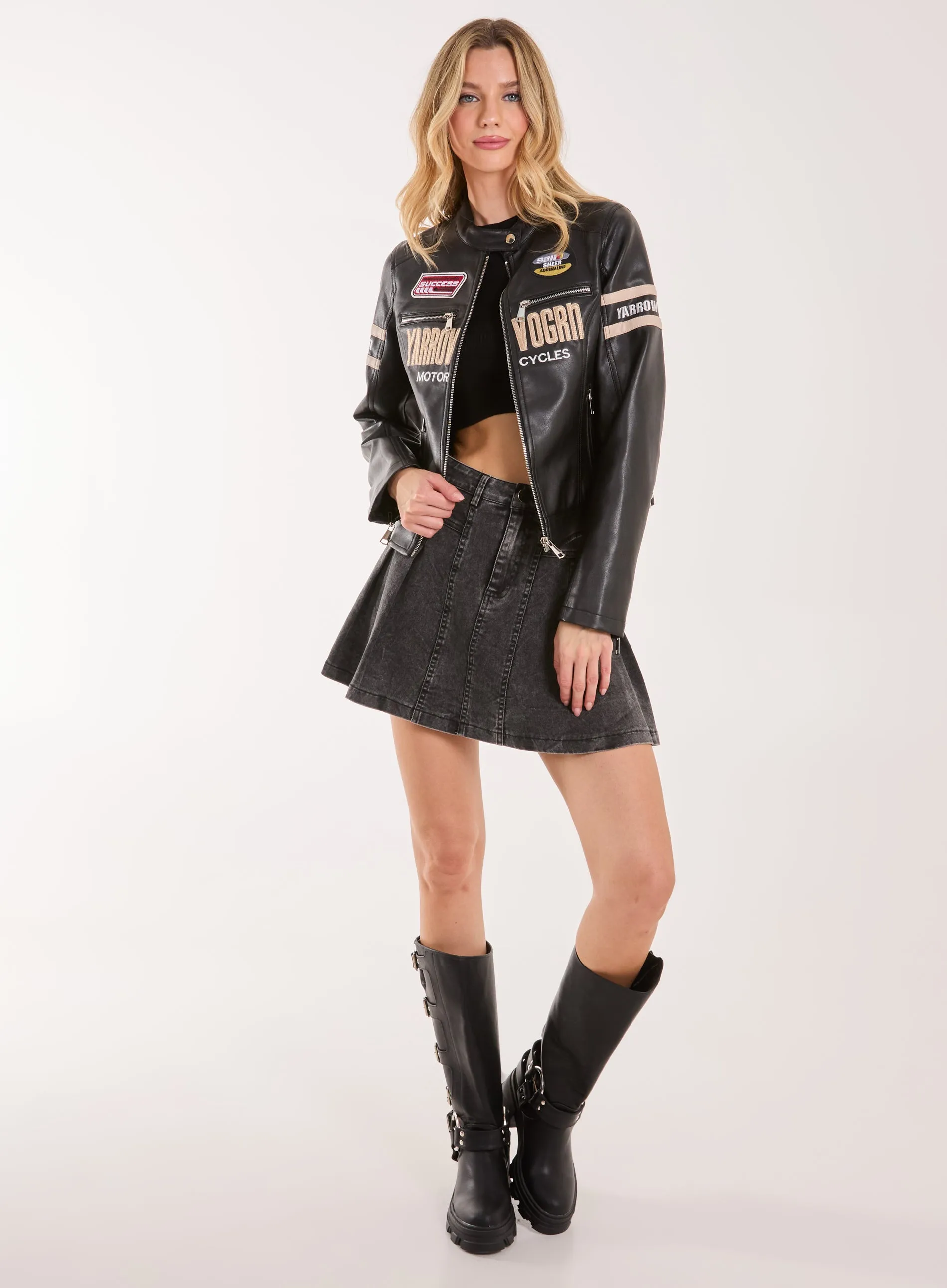 Denim Acid Wash Pleated Mini Skirt