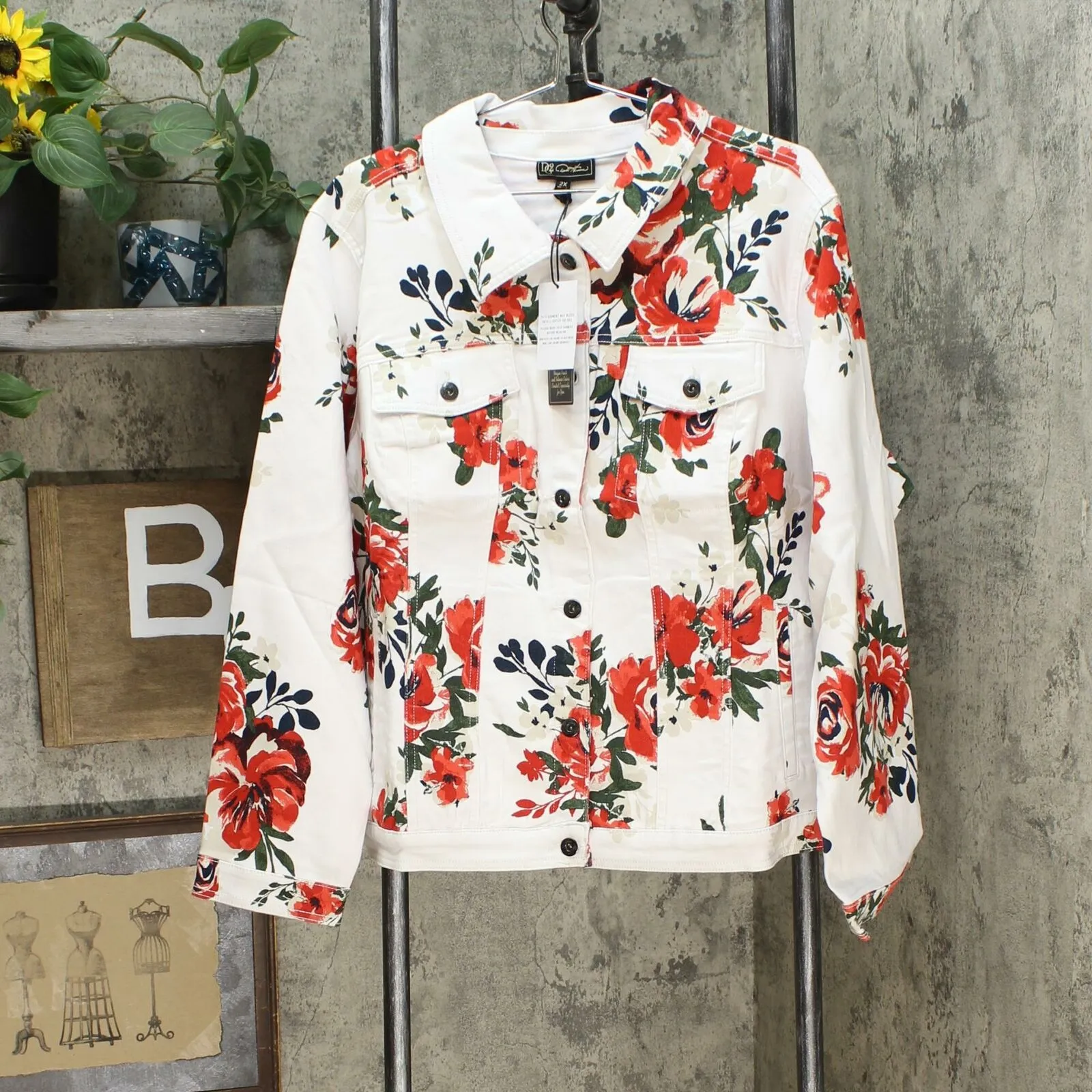 DG2 by Diane Gilman Women's Plus Size Virtual Stretch Printed Denim Jackets