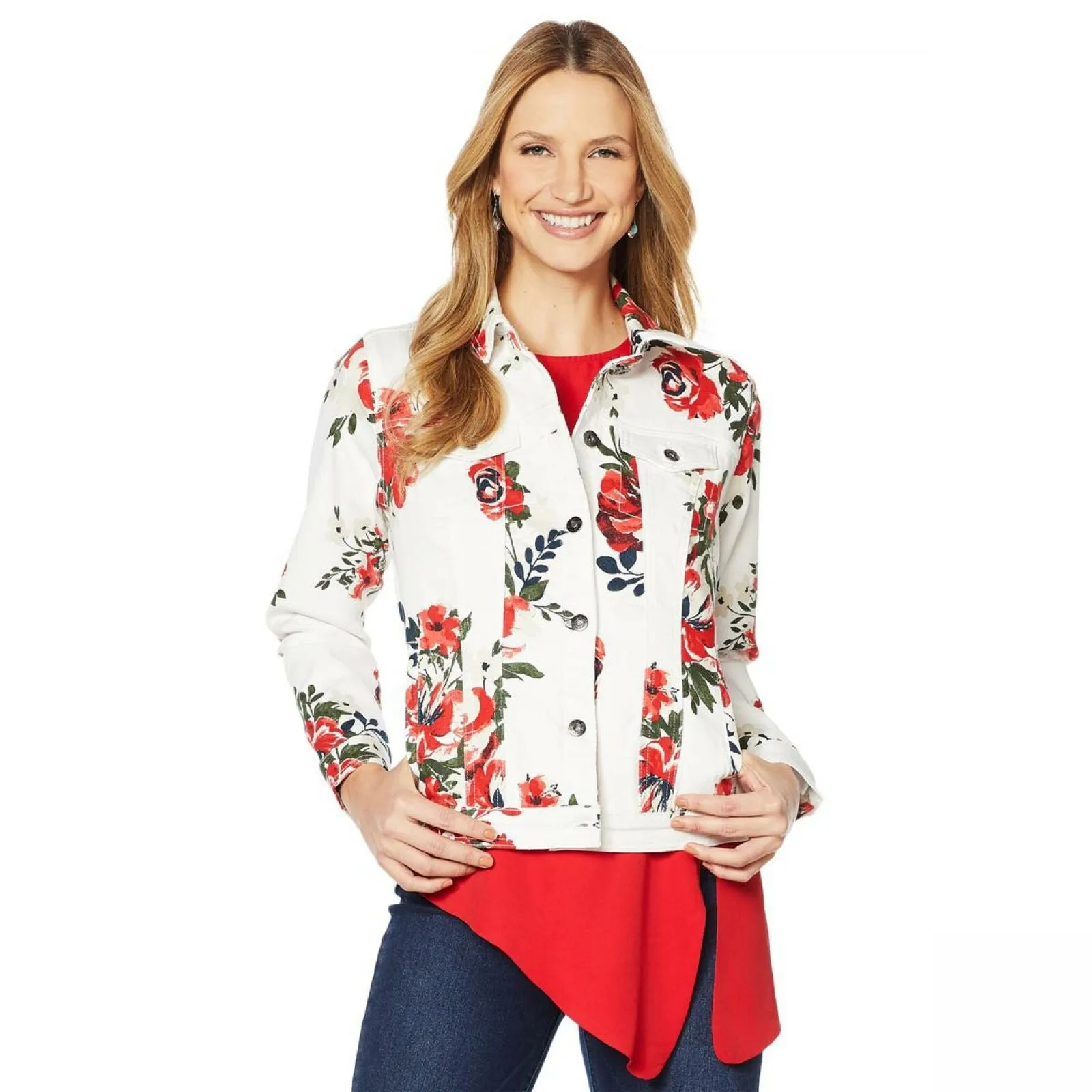 DG2 by Diane Gilman Women's Plus Size Virtual Stretch Printed Denim Jackets