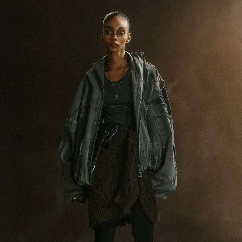 Distressed Patchwork Hooded Jacket