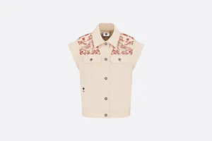 Embroidered Jacket • White Cotton Denim and Coral-Colored Beads