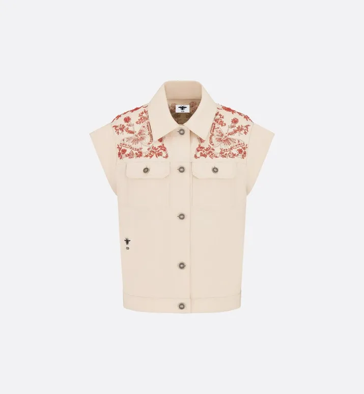 Embroidered Jacket • White Cotton Denim and Coral-Colored Beads