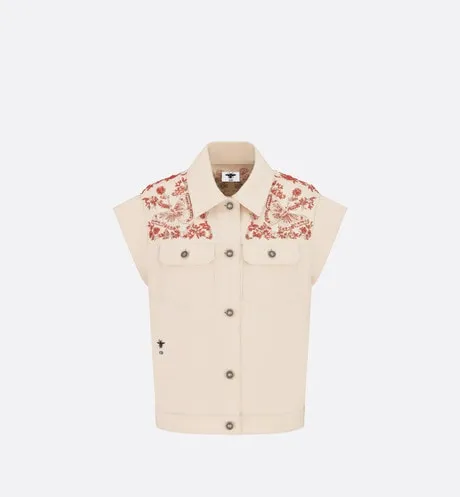 Embroidered Jacket • White Cotton Denim and Coral-Colored Beads