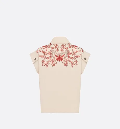 Embroidered Jacket • White Cotton Denim and Coral-Colored Beads