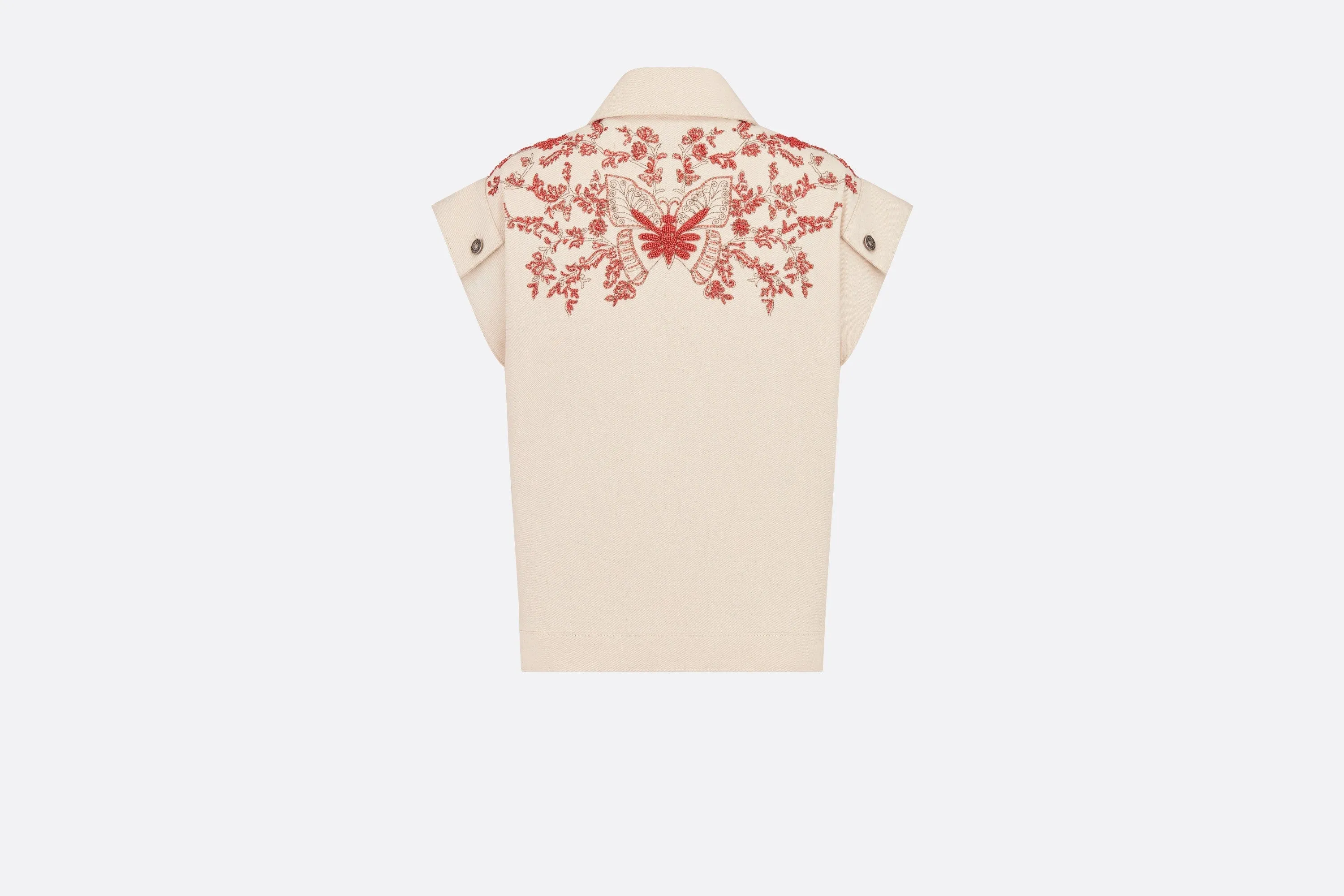 Embroidered Jacket • White Cotton Denim and Coral-Colored Beads